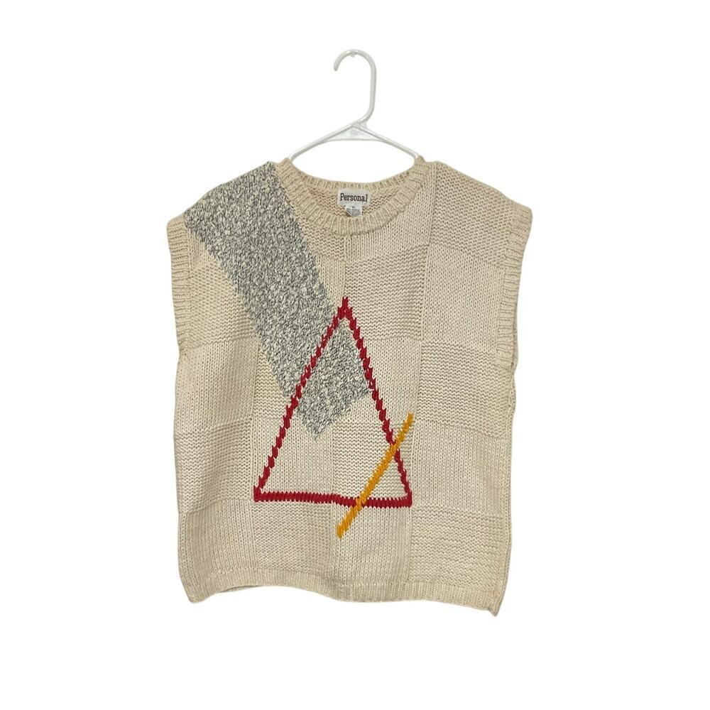 VTG 80s Geometric Thick Knit Sweater Vest Sz XL Unisex Sleeveless Teacher Vibes - Picture 1 of 5